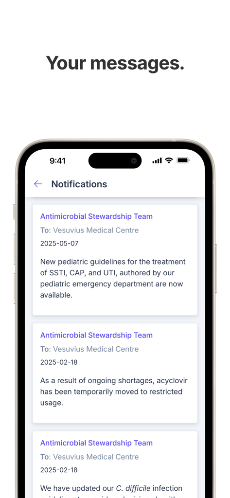 Screenshot of the Firstline app showing a notifications screen with clinical updates from the Antimicrobial Stewardship Team.