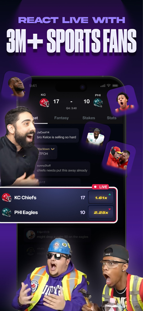 Stadium Live app interface showing live game stats and community chat with fan reactions