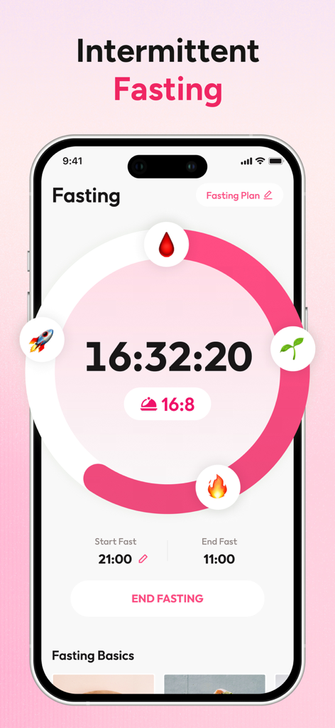Mobile screen showing an intermittent fasting tracker with a 16:8 plan and timer in the Workout for Women fitness app.