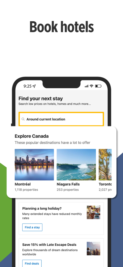 Pantalla de la aplicación Justfly para reservar hoteles y explorar ofertas de viajes en Canadá