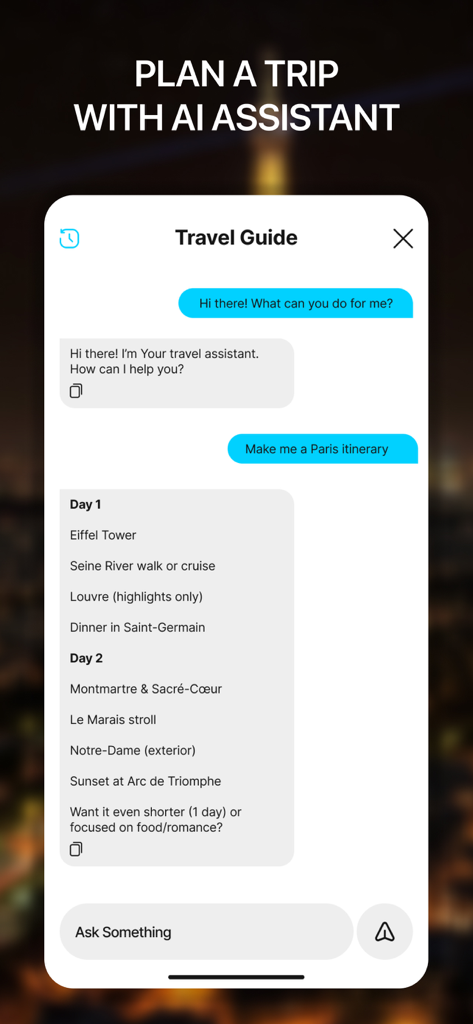 A screenshot of the Live Earth Map 3D app showing an AI travel assistant planning a Paris trip itinerary.