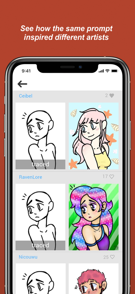 Draw With Me... - Mobile app screen showing different artist interpretations of a drawing prompt