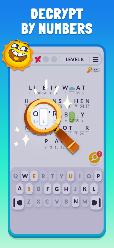 A cryptogram logic puzzle game screen showing a quote being decoded using number and letter substitution.