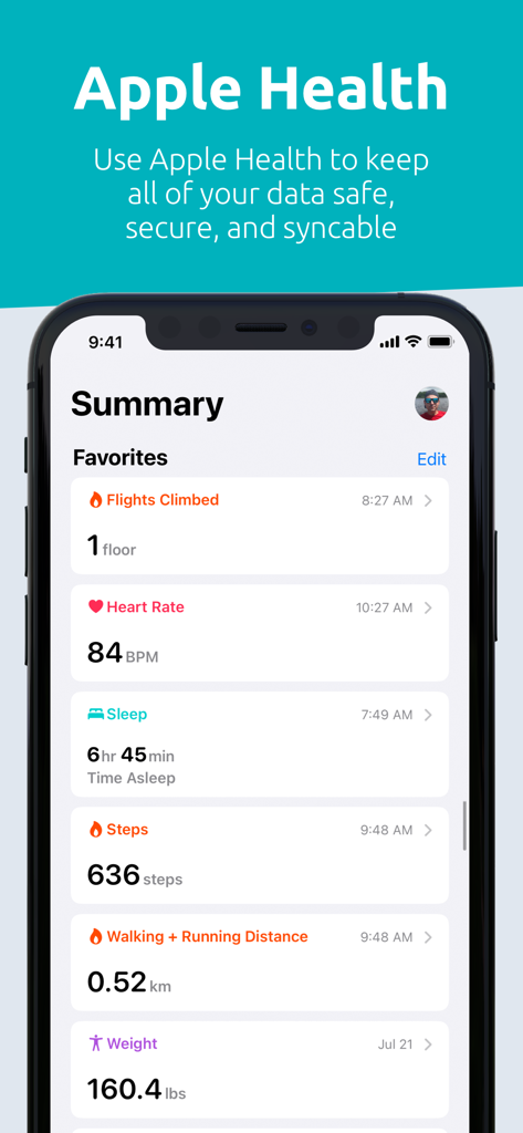FITIV Sync for Fitbit Activity - Painel do Apple Health a apresentar métricas de dados de saúde e fitness sincronizadas