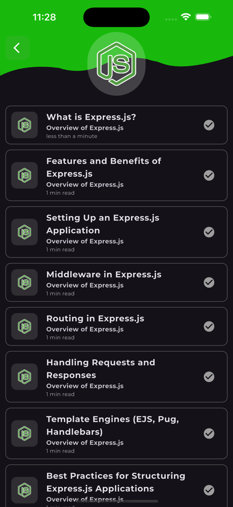Learn Nodejs and Expressjs - Una pantalla móvil que muestra una lista de módulos de aprendizaje de Express.js como enrutamiento de middleware y mejores prácticas.