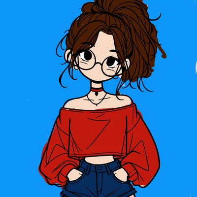 girl with a messy ponytail glasses a baggy crop top and jean shorts