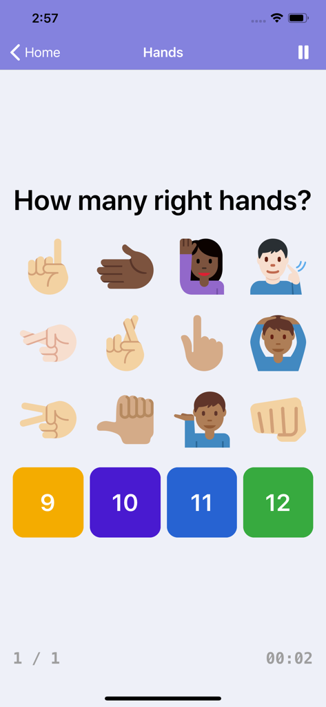 Um ecrã de jogo de foco do Brainilis pedindo ao utilizador para contar o número de mãos direitas entre doze ilustrações de mãos diferentes.