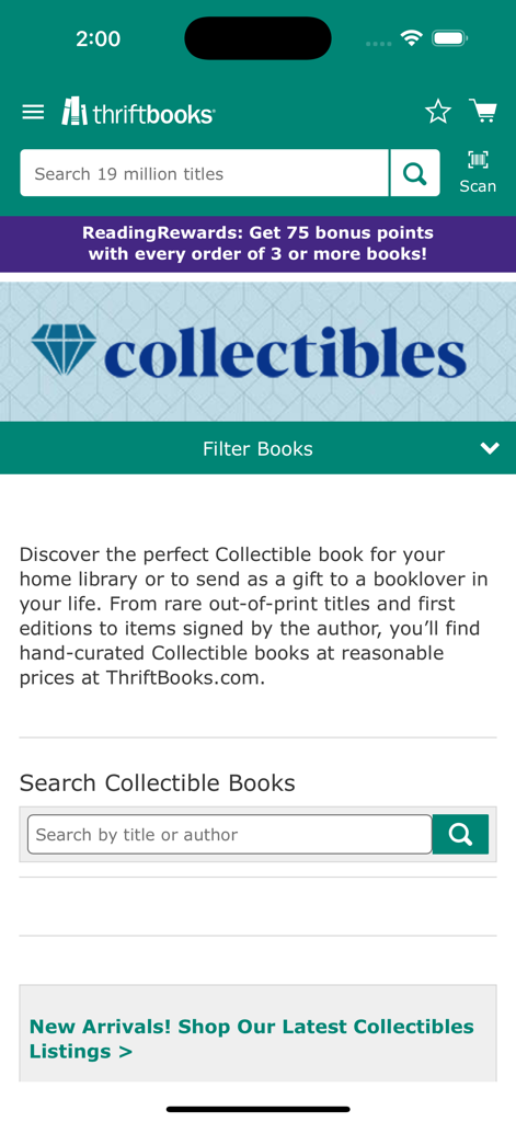 Pantalla de la aplicación ThriftBooks para explorar y buscar libros coleccionables