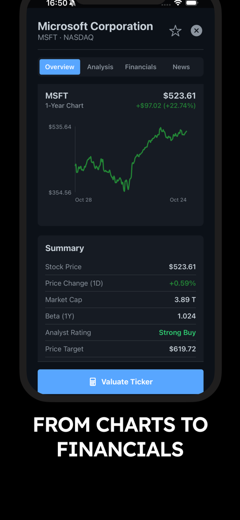 StockVal AI: Fair Value Stocks - Mobile screen of StockVal AI app showing a stock chart and financial overview for Microsoft