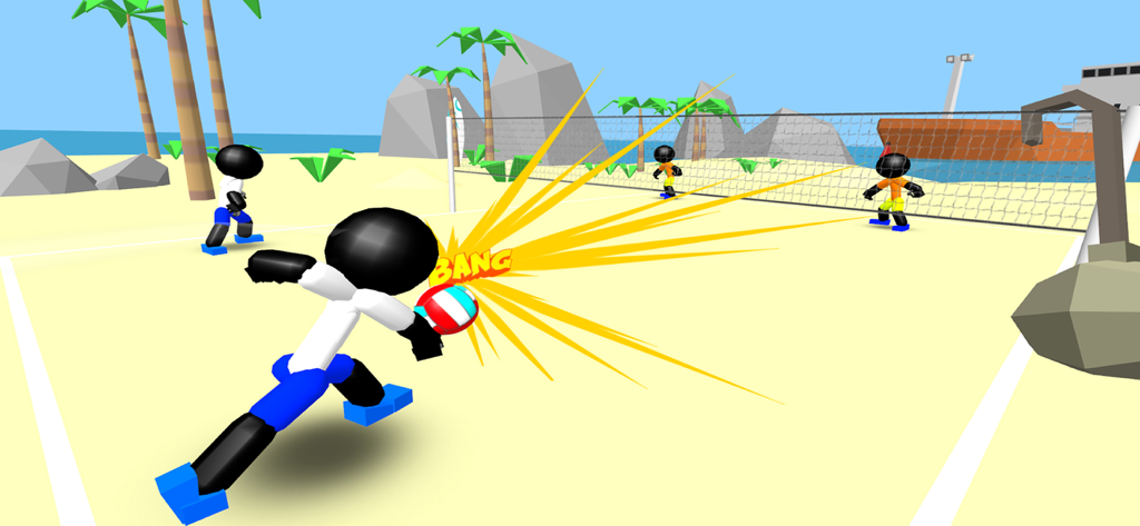 Stickman Beach Volleyball - A 3D stickman character performing a powerful smash hit on a beach volleyball court.