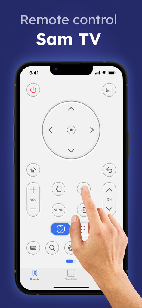 Sam TV Remote Control - Digital remote control interface for Sam TV on an iPhone screen featuring navigation and volume buttons