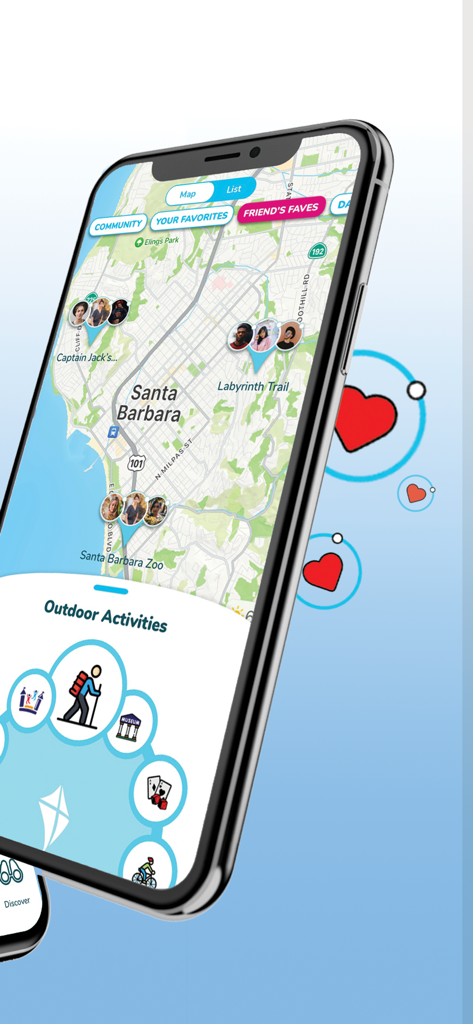 Interface de carte de l'application Sircles montrant les recommandations d'amis à Santa Barbara et les catégories d'activités de plein air