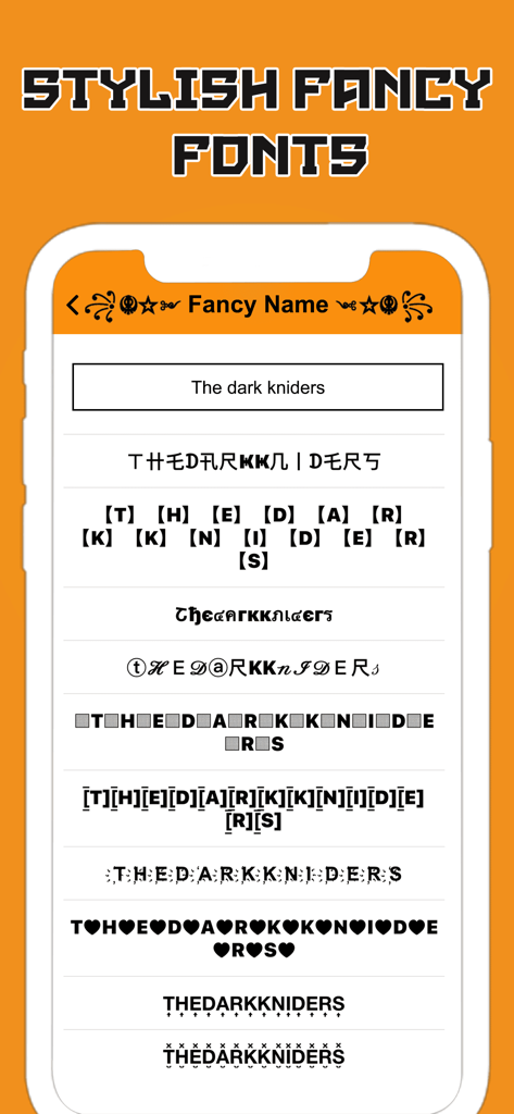 Nickname Creator: Fancy Tex‪t - Nickname Creator app interface displaying stylish fancy font options for gaming and social media profiles
