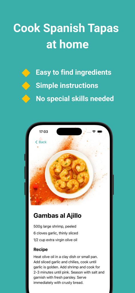Tapas Spinner - Una captura de pantalla de una aplicación móvil que muestra una receta de Gambas al Ajillo con instrucciones e ingredientes sencillos para cocinar tapas españolas en casa.