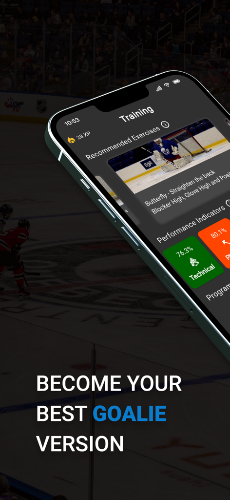 Connect Hockey app showing goalie training exercises and performance stats