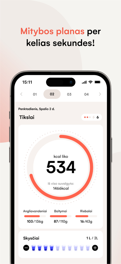 Persikas.com: Mitybos planai - Persikas app dashboard showing daily calorie progress, macronutrient bars for protein and carbs, and a water intake tracker