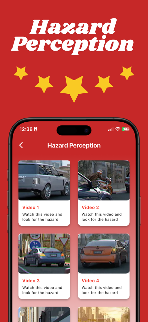 RTA Theory Test - Hazard Perception screen in the RTA Theory Test app displaying driving video clips for practice