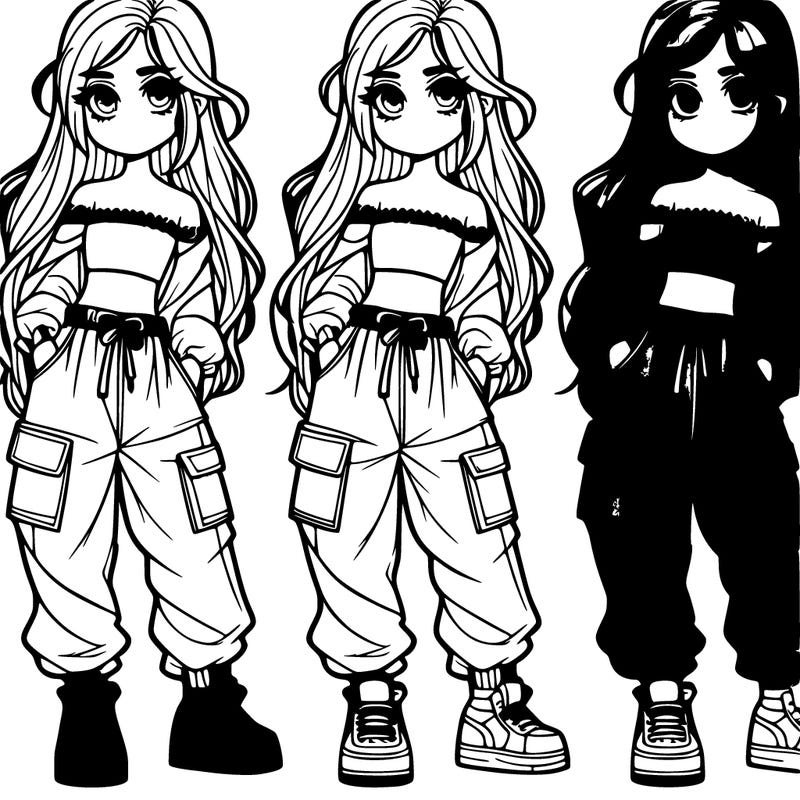 girl with long hair baggy jeans and a crop top