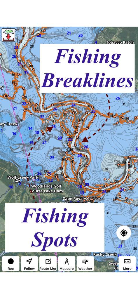Eine detaillierte See-Tiefenkarte mit Konturlinien und hervorgehobenen Fisch-Steilküsten und -Punkten.