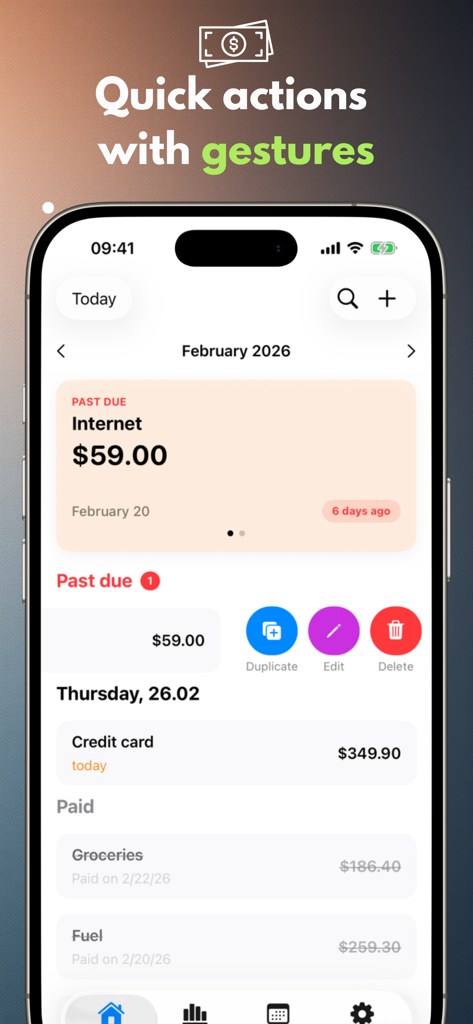 Payment Calendar: Bill Tracker - iPhone screen showing quick action swipe gestures for managing bills in the Payment Calendar app.