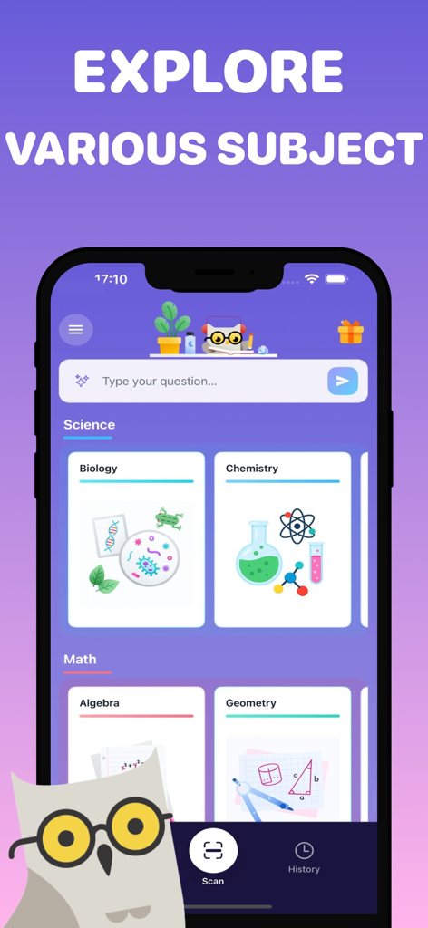 Socratic Homework AI - Pantalla de la aplicación Socratic Homework AI que muestra varias materias de estudio, incluyendo biología, química y álgebra