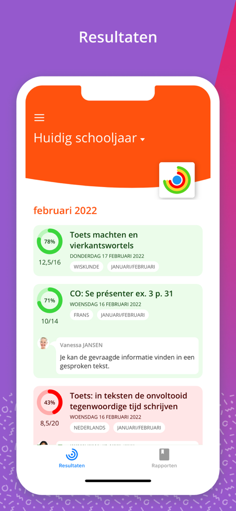 Smartschool - Smartschool mobile app screen showing student test results and grades with percentages and dates