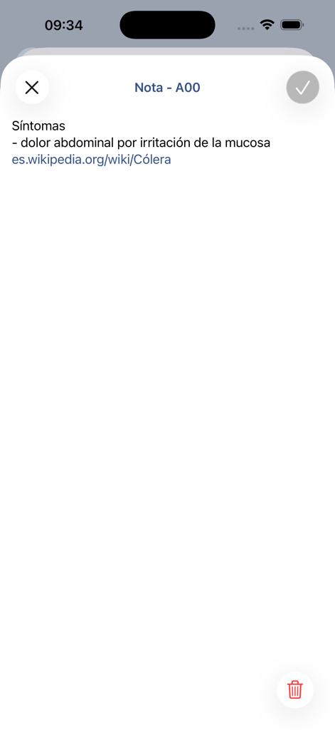 Interfaz de usuario para añadir notas personalizadas y síntomas a un código médico en la aplicación cie10