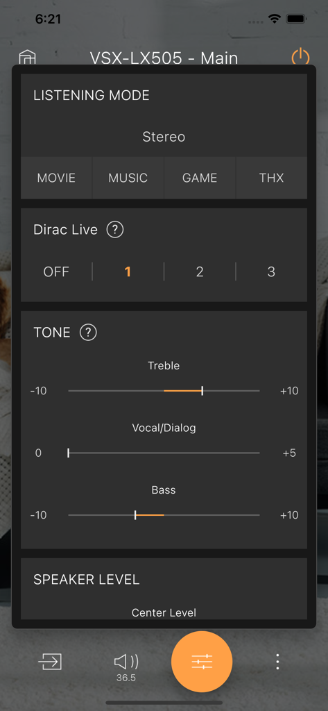 Pioneer Remote App - Pioneer Remote App audio settings interface showing listening modes and tone controls