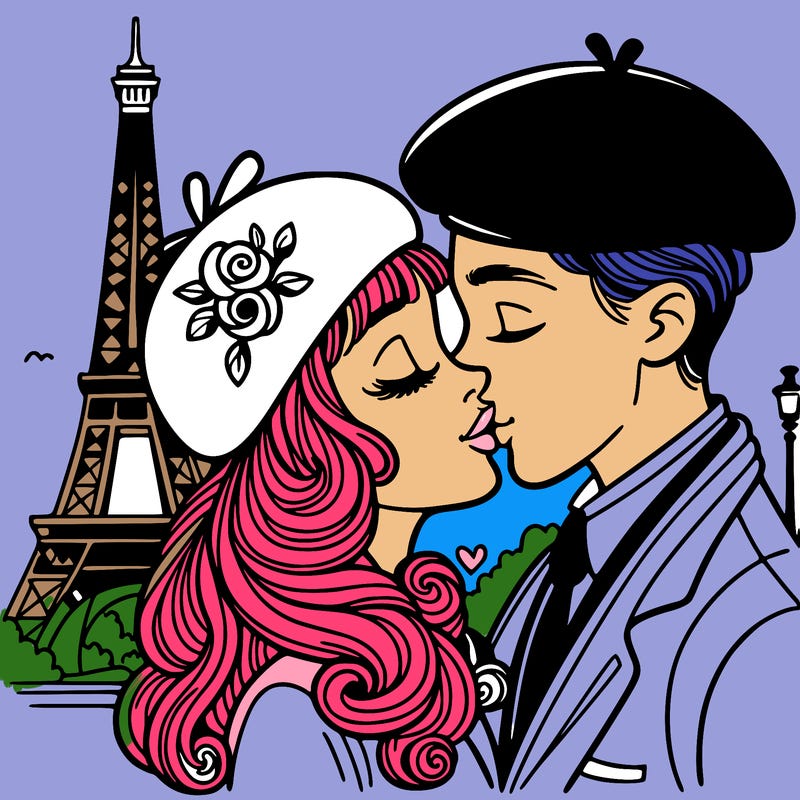a parisian woman and a man kissing