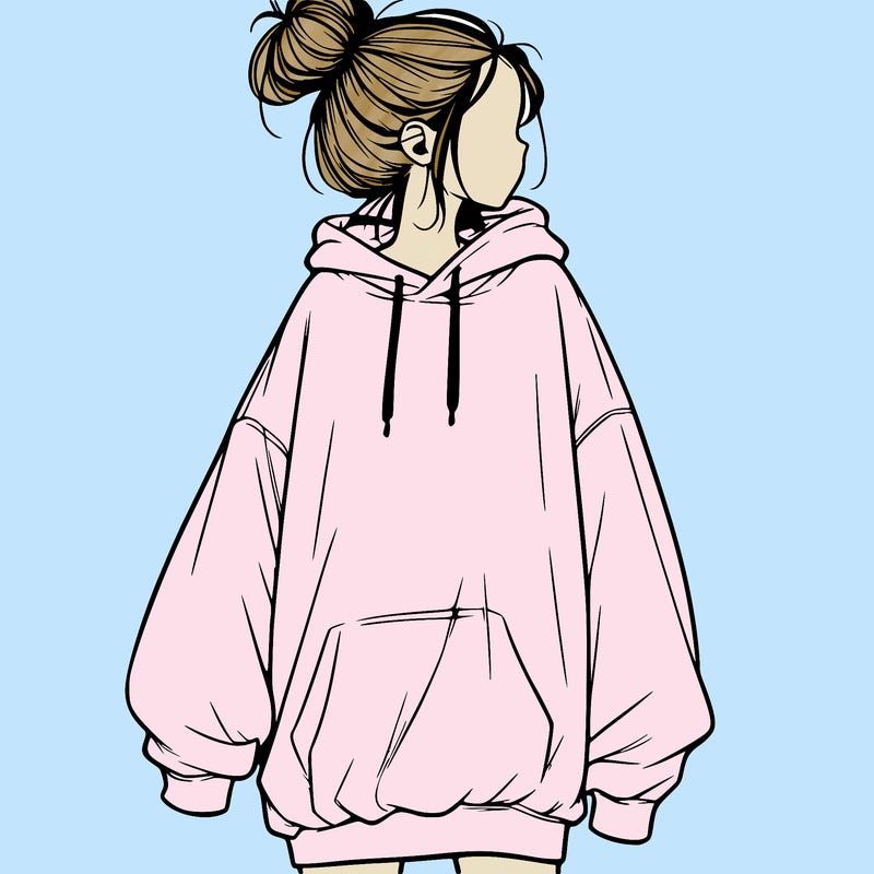realistic girl with a oversized sweatshirt on and a bun