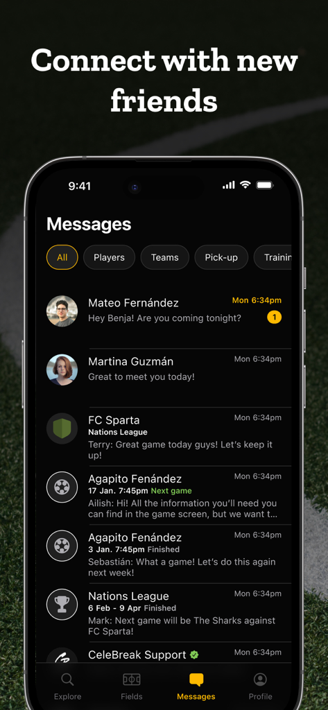 A smartphone screen displaying the messages tab of the CeleBreak app with active chat threads between soccer players.