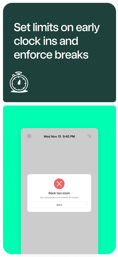 7punches app interface showing early clock in limits and mandatory break enforcement