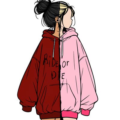 realistic girl with a oversized sweatshirt on and a bun