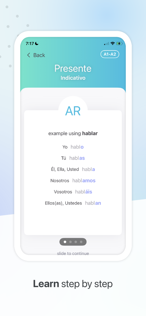 Verbos + - Uma tela de aplicativo móvel mostrando a conjugação do verbo espanhol para hablar no tempo presente do indicativo com o nível A1-A2 indicado.