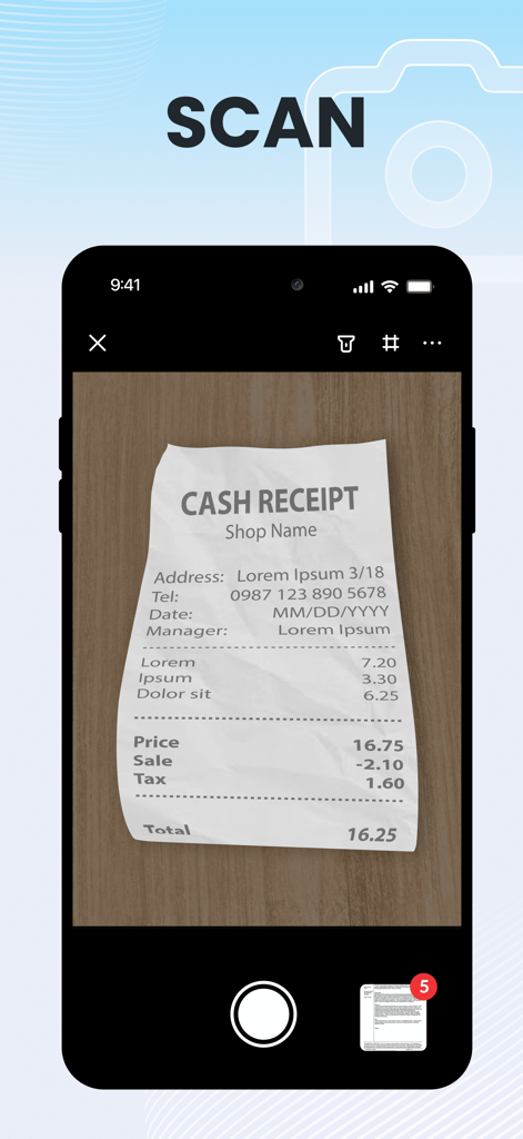 PDF Converter , Photo to PDF - Interfaccia dell'app mobile che mostra la funzionalità di scansione dei documenti che cattura una ricevuta cartacea