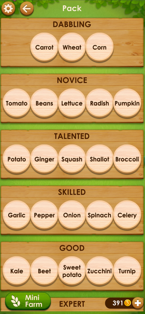 Word Farm Cross - Level selection menu in Word Farm Cross showing vegetable themed puzzle packs for different skill levels