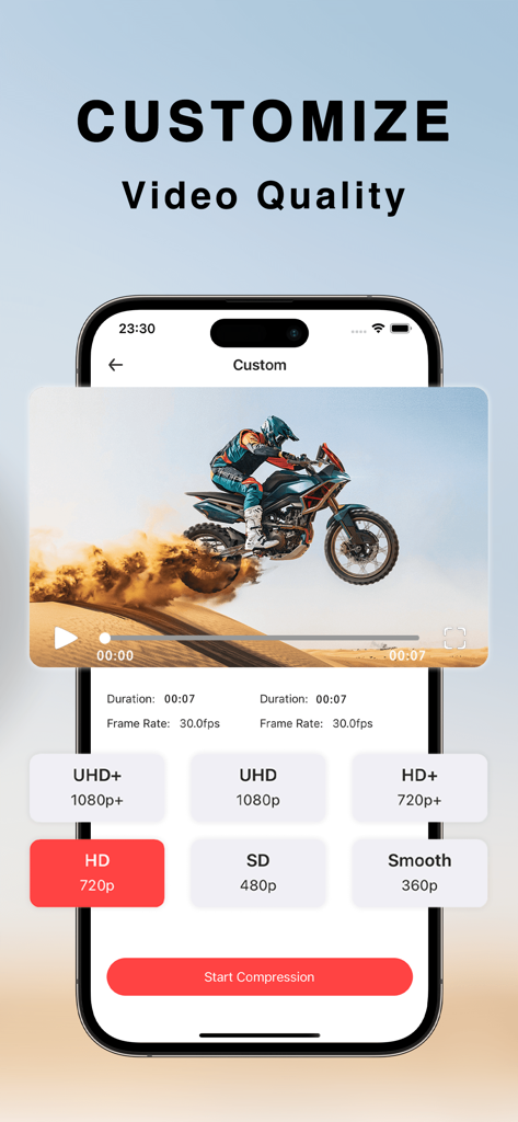 Video Compressor - Save Space+ - Interfaz de iPhone mostrando opciones de selección de calidad y resolución de video personalizadas para la compresión