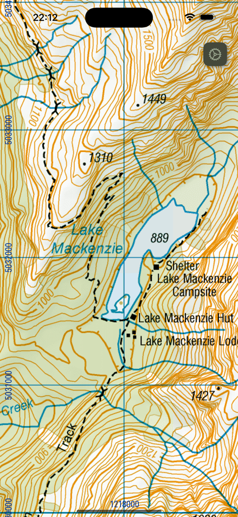 MapApp NZ South Island - Topographic map showing Lake Mackenzie and hiking trails in New Zealand South Island