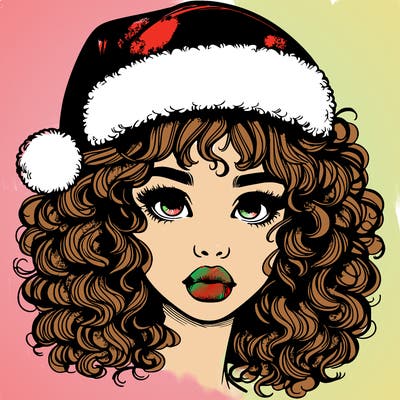 realistic girl with a santa hat curly hair and lips