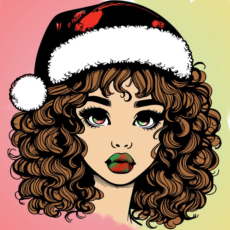 realistic girl with a santa hat curly hair and lips