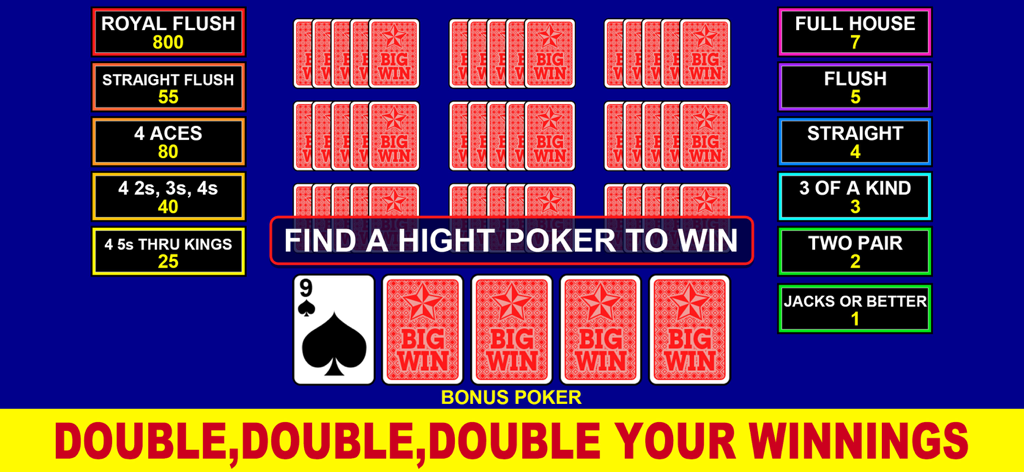 Video Poker - Casino Games - Gameplay screen of a multi-hand video poker game showing a paytable and hidden cards with a big win theme