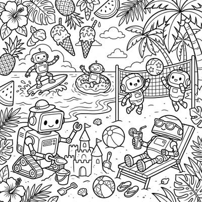 Get ready for an adorable summer escape with our unique coloring page featuring cheerful service robots on a vibrant beach. This scene is packed with delightful activities from surfing to building sandcastles, promising hours of creative fun.