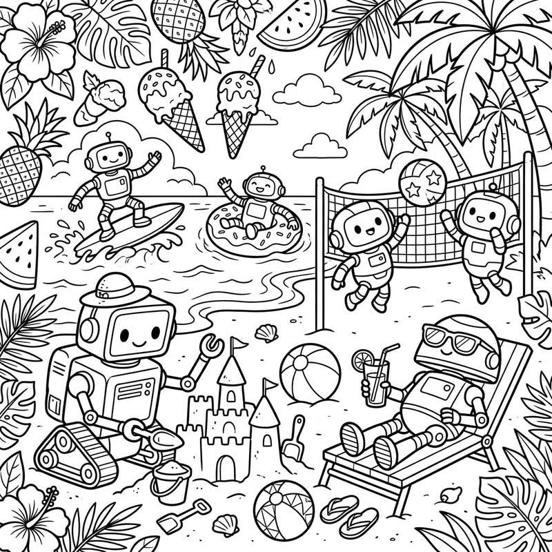 Get ready for an adorable summer escape with our unique coloring page featuring cheerful service robots on a vibrant beach. This scene is packed with delightful activities from surfing to building sandcastles, promising hours of creative fun.
