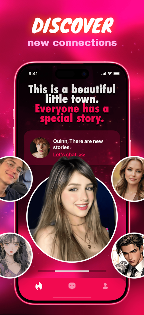 Lukin - Chat & Bliss - A mobile app screenshot for Lukin Chat and Bliss featuring multiple AI character profiles and a discovery headline