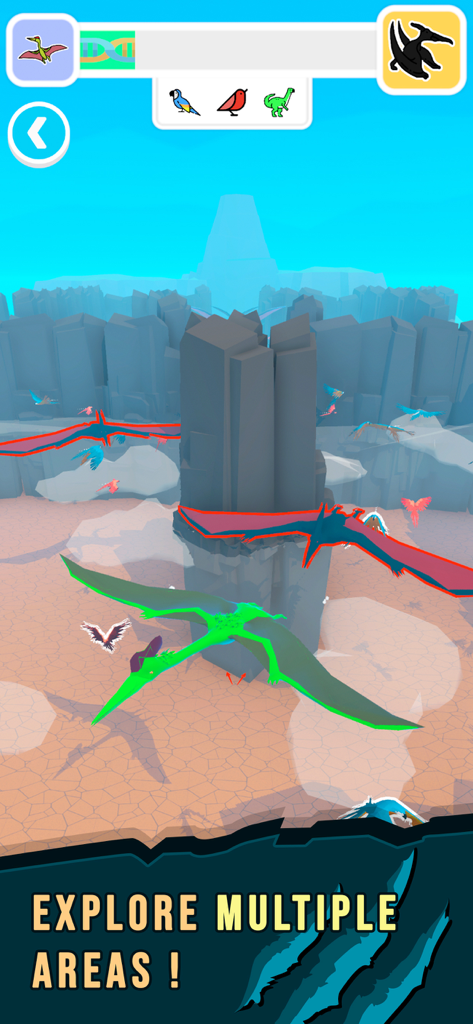 Dino Domination - Several pterosaurs flying around a rock pillar in a canyon with game UI elements