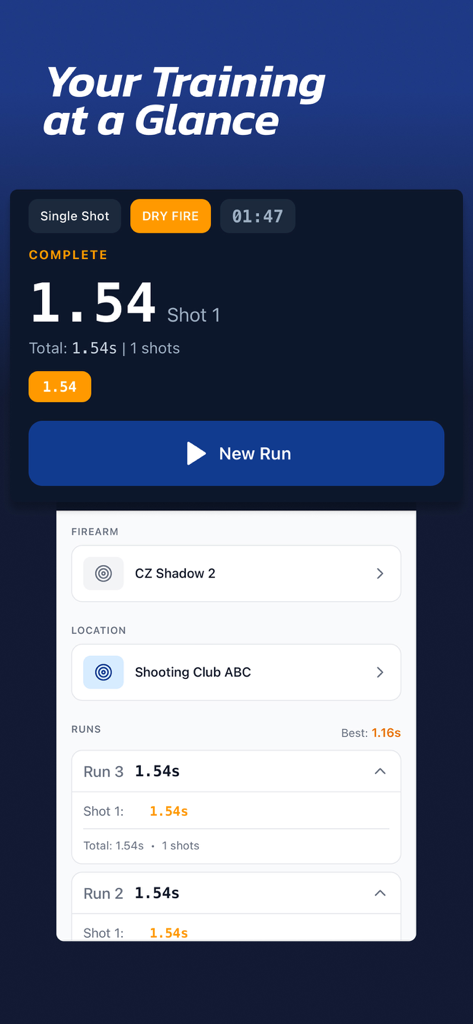 Shot Session - IPSC Timer - Tela do aplicativo Shot Session mostrando resultados de treino de dry fire, incluindo tempos de split e seleção de arma de fogo.
