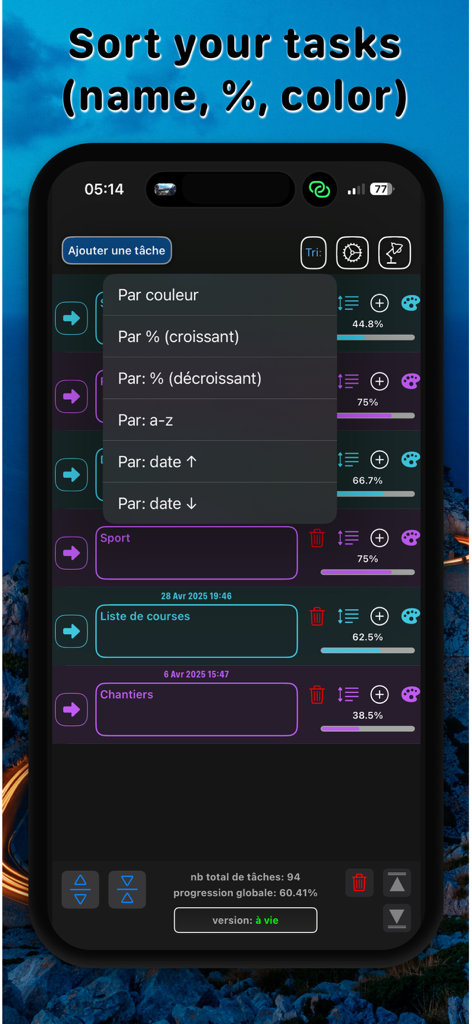 Task Manager Progress - Interface do aplicativo Gerenciador de Tarefas em Progresso mostrando o menu de ordenação de tarefas com opções de cor, porcentagem e ordem alfabética.