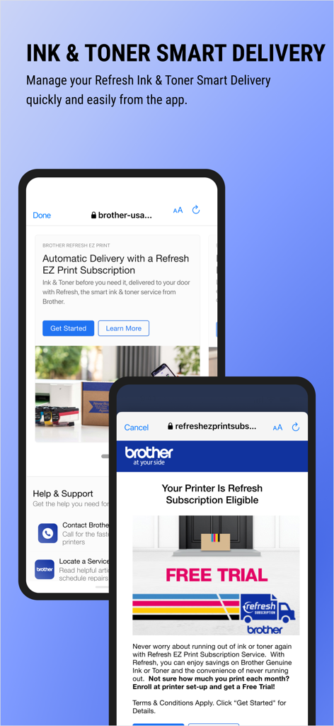 Brother Mobile Connect - Interfaz de la aplicación Brother Mobile Connect que muestra opciones de entrega inteligente y suscripción de tinta y tóner