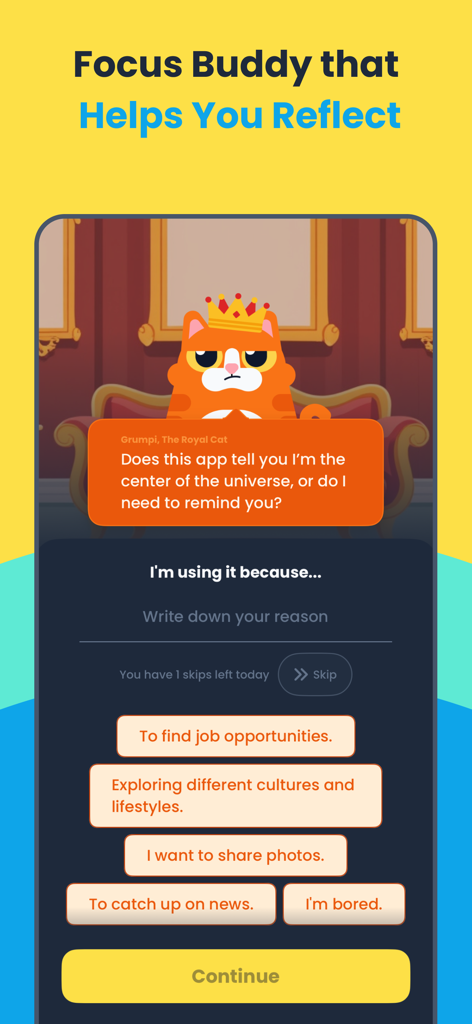 Clarymind: Focus + Self Care - Clarymind app screen showing a mindful reflection prompt with a cat character.