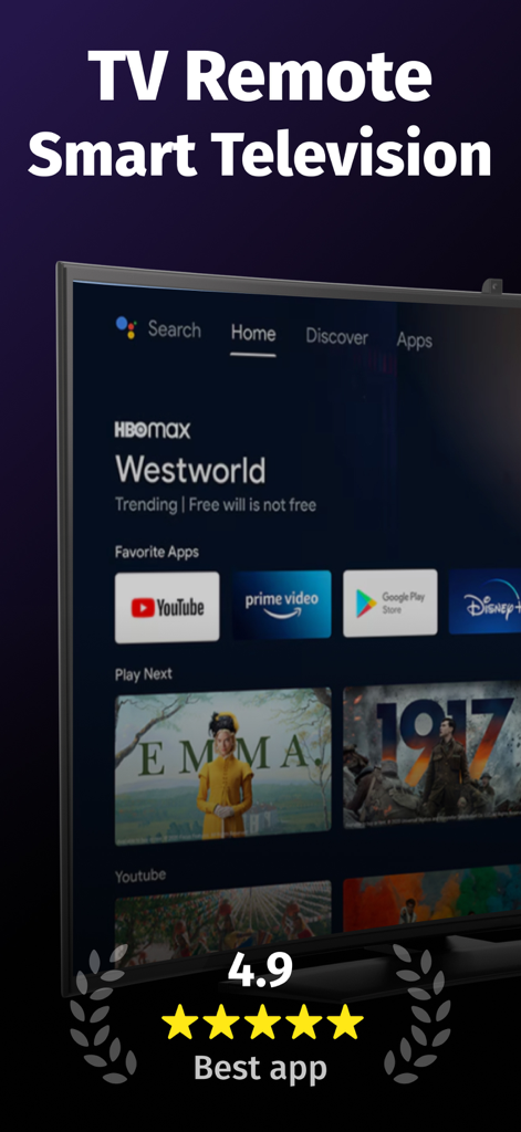 TV Remote for Roku Control - Interface de Smart TV mostrando aplicativos de streaming e um selo de alta avaliação do usuário